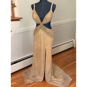 Sherri Hill Size 8 Champagne Beaded Sequin Cut Out Formal Prom Pageant Gown
